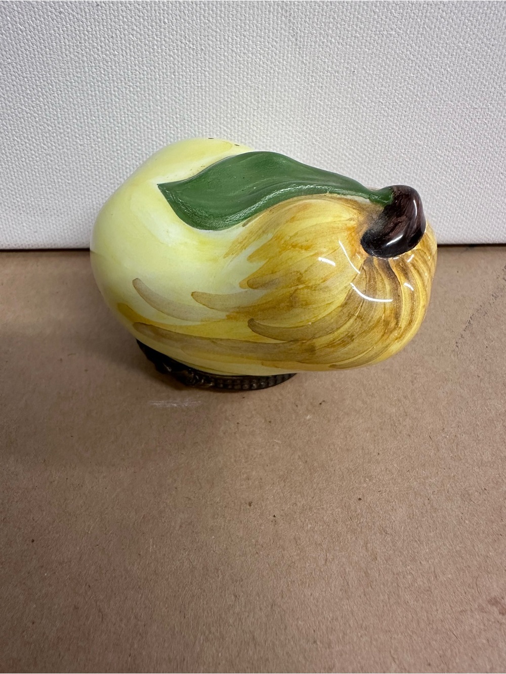 Pierre Deux Hand-Painted Yellow Ceramic Fruit Accent with Green Leaf